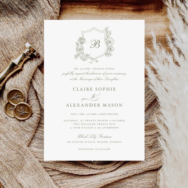 Invitación Elegantes Rosas florales Escudo Boda Monograma Sag (Subido por el creador)