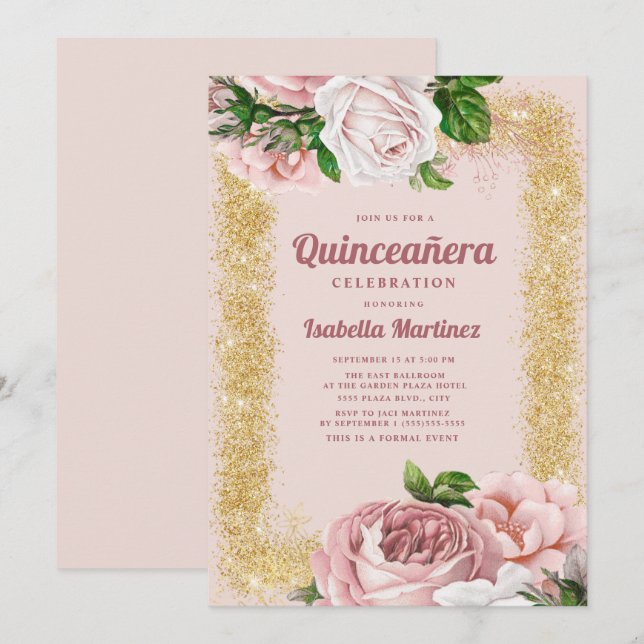 Invitación Elegantes Rosas florales rosados Purpurina de oro  (Anverso / Reverso)