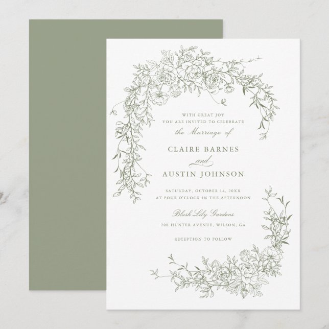 Invitación Elegantes Rosas florales Sage Green Boda Monograma (Anverso / Reverso)