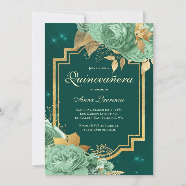 Invitación Elegantes Rosas florales Sage Green Gold Quinceane (Anverso)