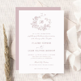 Invitación Elegantes Rosas florales Wreath Boda Monograma