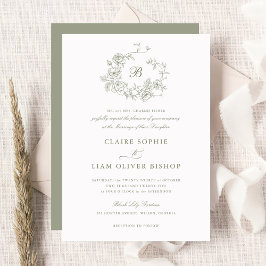 Invitación Elegantes Rosas florales Wreath Boda Sage Monogram