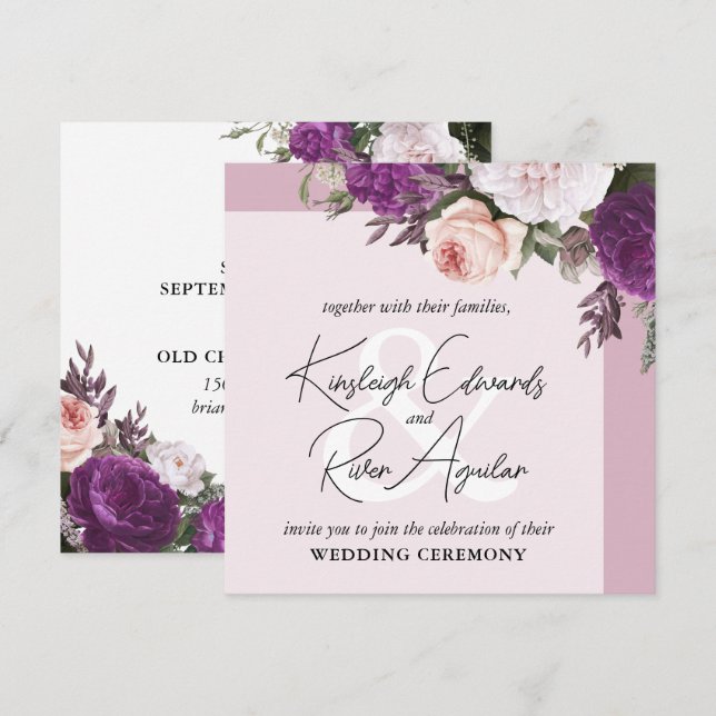Invitación Elegantes Rosas florales y Boda Dusty Mauve (Anverso / Reverso)