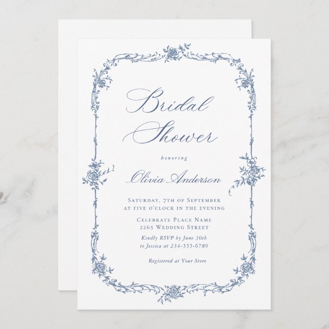 Invitación Elegantes Rosas franceses azules duchas nupciales  (Anverso / Reverso)