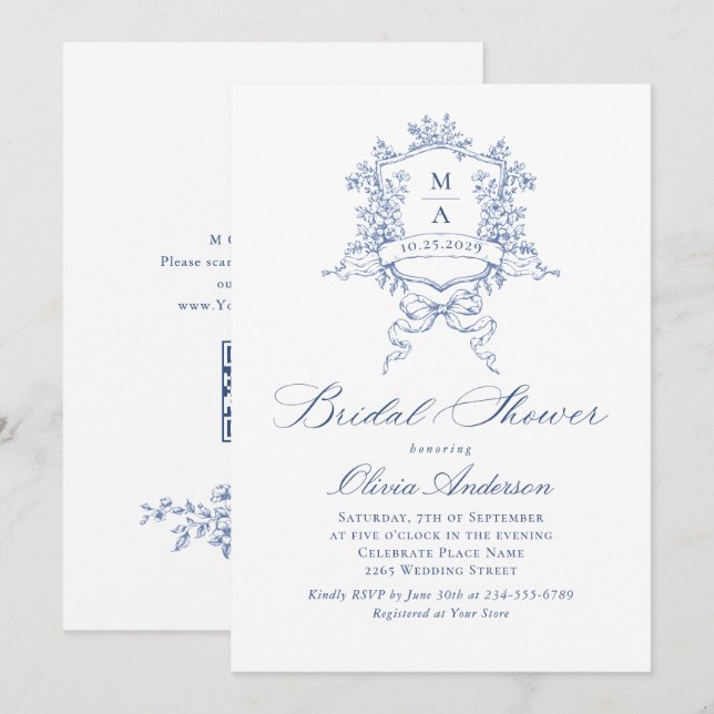 Invitación Elegantes Rosas franceses azules duchas nupciales  (Anverso / Reverso)