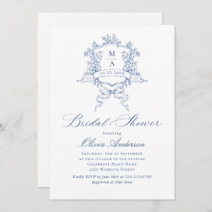 Invitación Elegantes Rosas franceses azules duchas nupciales