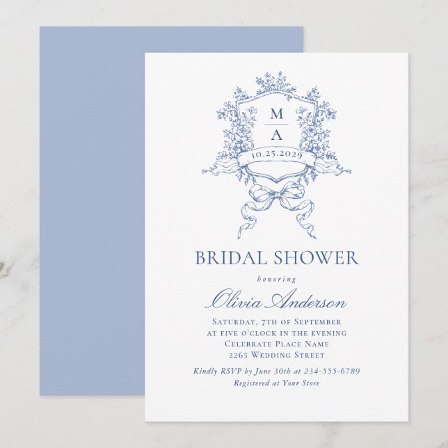 Invitación Elegantes Rosas franceses azules duchas nupciales  (Anverso / Reverso)