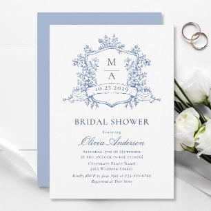 Invitación Elegantes Rosas franceses azules duchas nupciales 