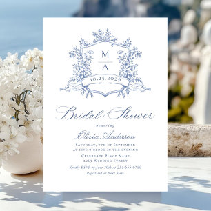 Invitación Elegantes Rosas franceses azules duchas nupciales 