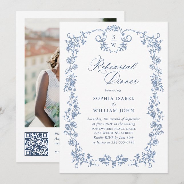 Invitación Elegantes Rosas franceses azules ensayan en la cen (Anverso / Reverso)