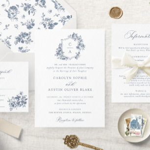 Invitación Elegantes Rosas franceses Floral Blue Escudo Boda