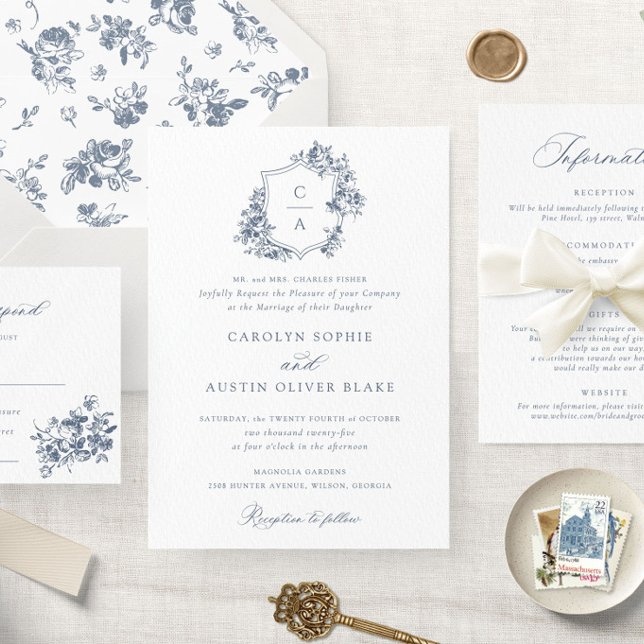 Invitación Elegantes Rosas franceses Floral Blue Escudo Boda (Subido por el creador)