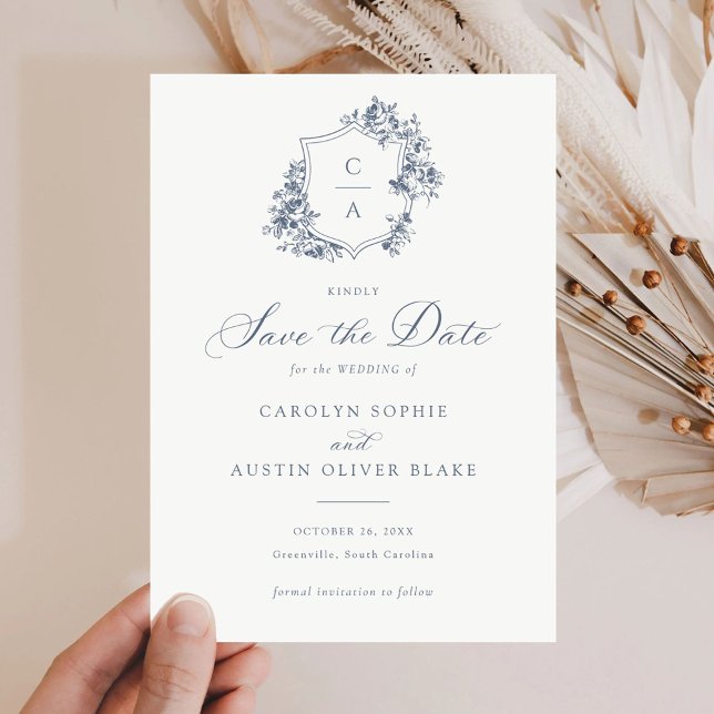 Invitación Elegantes Rosas franceses Floral Blue Escudo Save  (Subido por el creador)