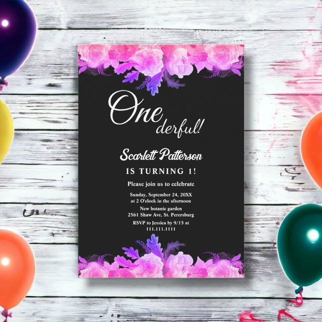 Invitación Elegantes Rosas Glow Neon Floral Primer cumpleaños (Subido por el creador)