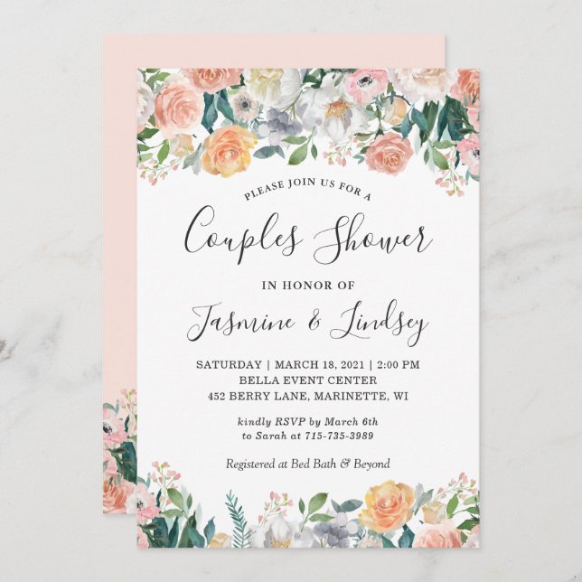 Invitación Elegantes Rosas Jardín Bodas Florales Ducha (Anverso / Reverso)