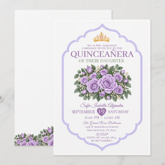 Invitación Elegantes Rosas Lavanda Corona Princesa Quinceañer