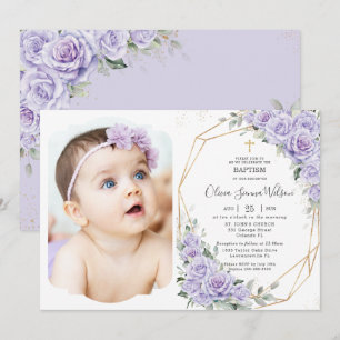 Invitación Elegantes Rosas Lavanda Moradas Florales Bautizo F