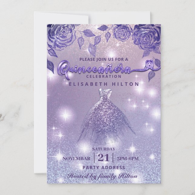 Invitación Elegantes rosas Lilac vestido moderno Purpurina (Anverso)