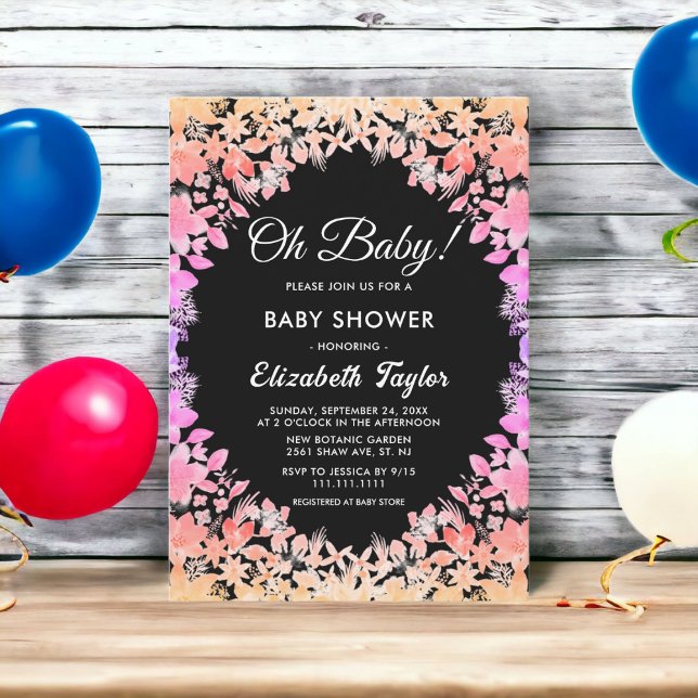 Invitación Elegantes Rosas Luminosos Black Floral Baby Shower (Subido por el creador)