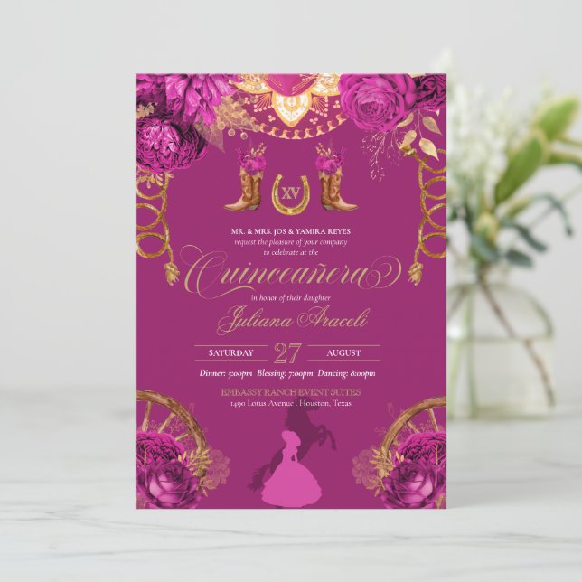 Invitación Elegantes Rosas Magenta Charro Rosa Quinceanera (Anverso de pie)