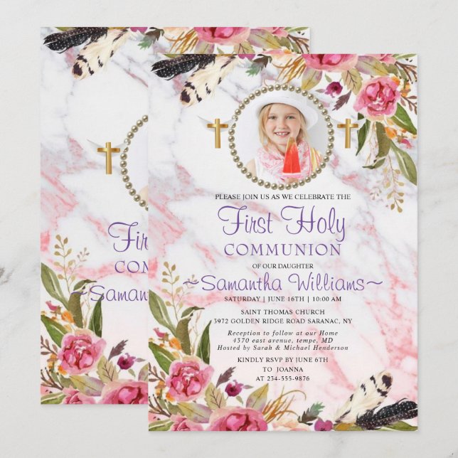 Invitación Elegantes Rosas modernos Rubor Foto Primera Comuni (Anverso / Reverso)