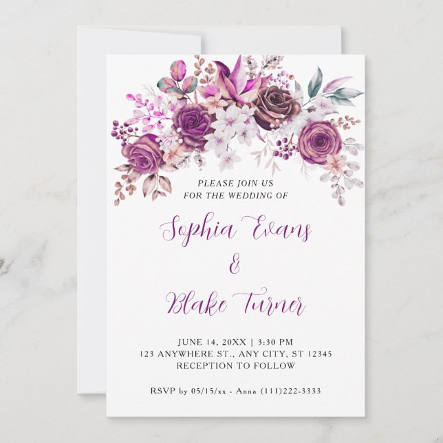 Invitación Elegantes Rosas morados Boda blanco floral (Anverso)