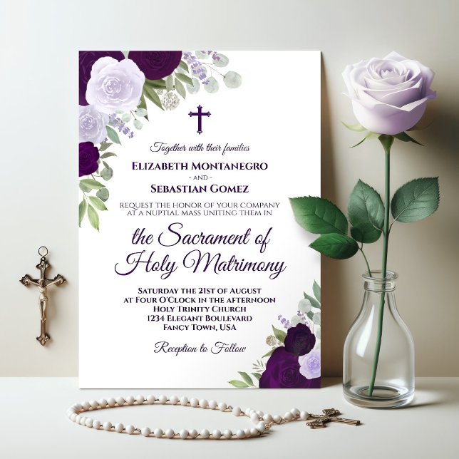Invitación Elegantes Rosas morados Boda católico moderno (Subido por el creador)