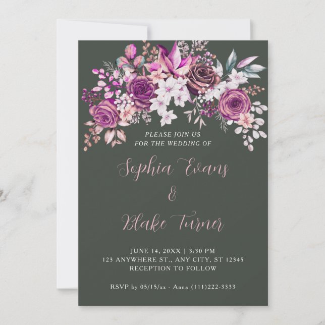 Invitación Elegantes Rosas morados Boda verde oscuro floral (Anverso)