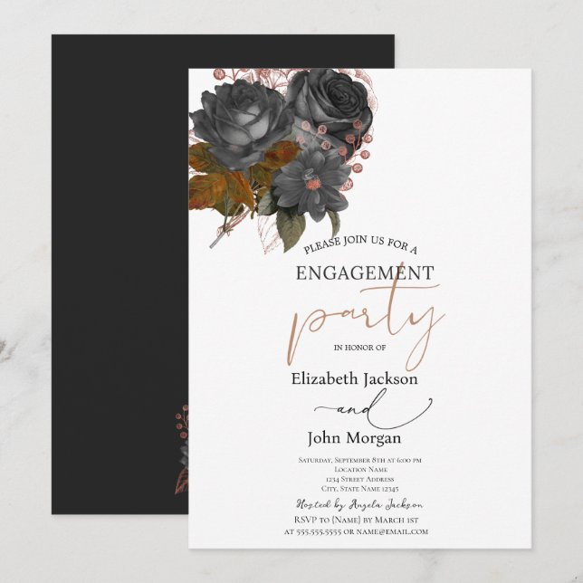 Invitación Elegantes Rosas Negras Compromiso  (Anverso / Reverso)