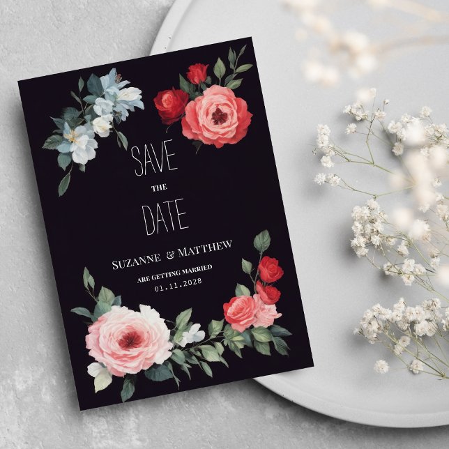 Invitación Elegantes rosas negras rojas rosadas y azules Save (Elegant black red pink blue roses Save the Date)