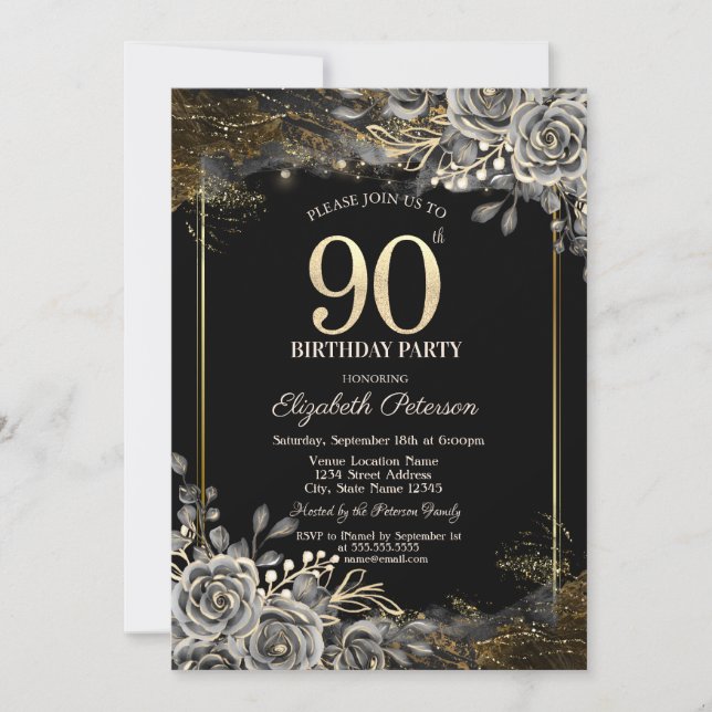 Invitación Elegantes Rosas negros, alumbran el cumpleaños 90  (Anverso)
