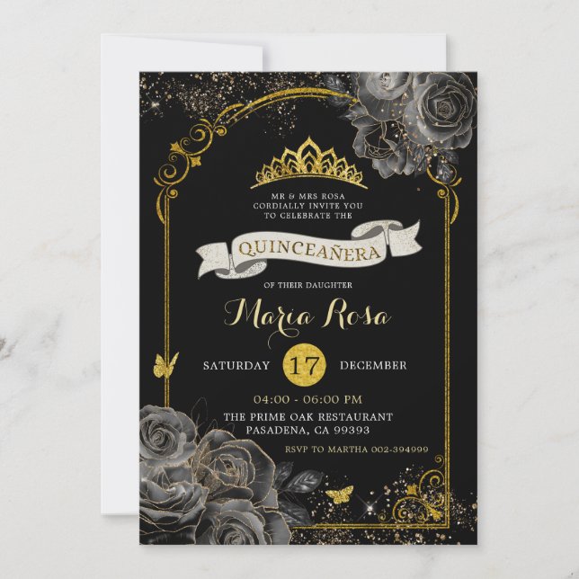 Invitación Elegantes Rosas negros Gold Royal Crown Quinceañer (Anverso)