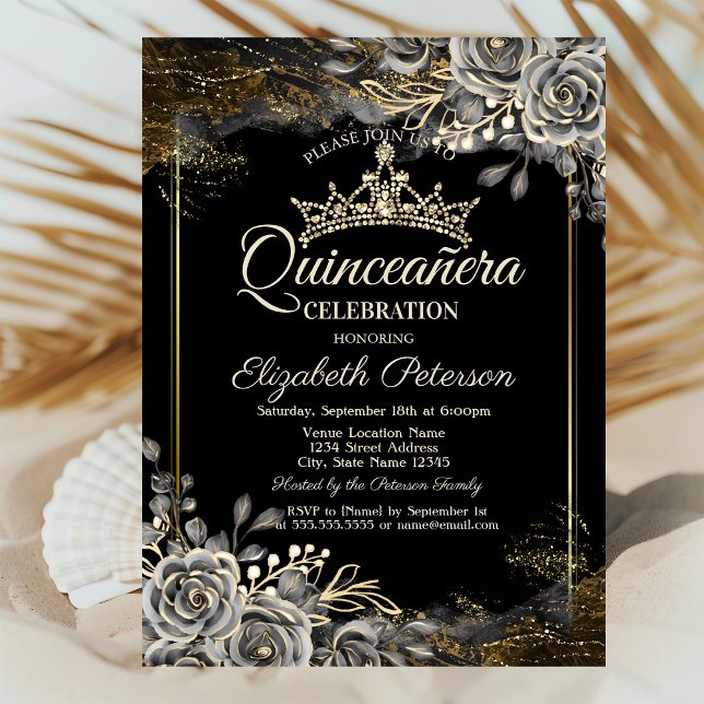 Invitación Elegantes Rosas Negros Gothic Quinceañera (Subido por el creador)