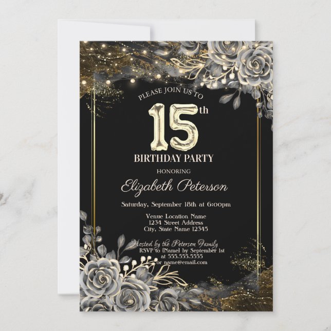 Invitación Elegantes Rosas negros, luces de cumpleaños 15 neg (Anverso)