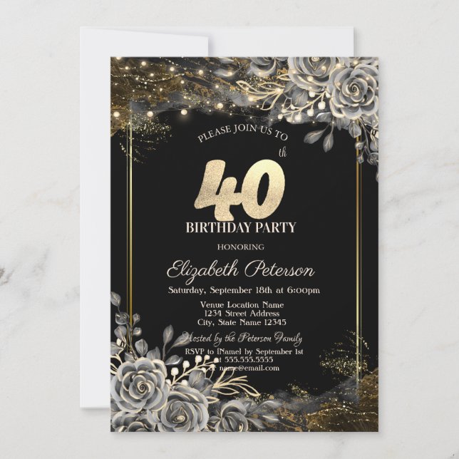 Invitación Elegantes Rosas negros, luces de cumpleaños 40 neg (Anverso)