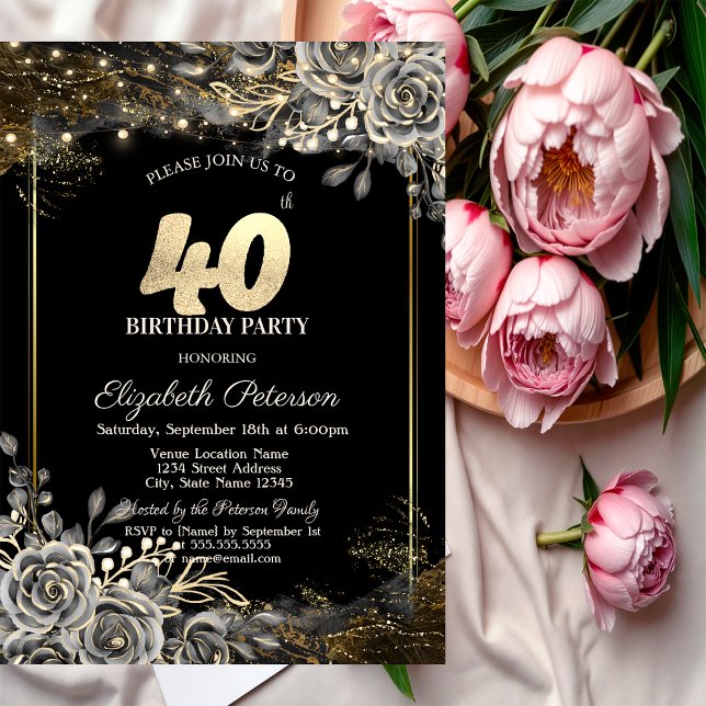 Invitación Elegantes Rosas negros, luces de cumpleaños 40 neg (Subido por el creador)