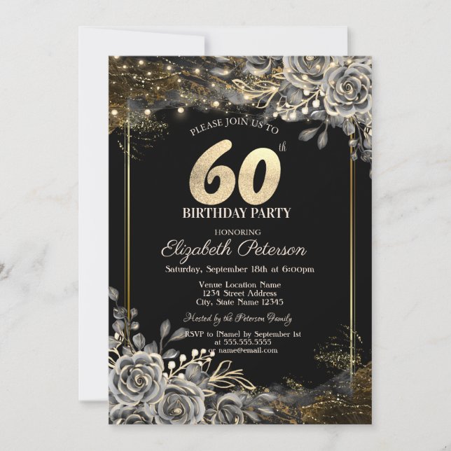 Invitación Elegantes Rosas negros, luces de cumpleaños 60 neg (Anverso)