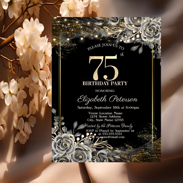 Invitación Elegantes Rosas negros, luces negro 75 cumpleaños (Subido por el creador)