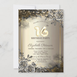 Invitación Elegantes Rosas negros, String Lights 16º cumpleañ