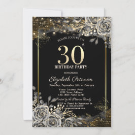 Invitación Elegantes Rosas negros, String Lights 30 cumpleaño
