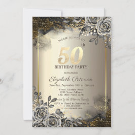 Invitación Elegantes Rosas negros, String Lights 50 cumpleaño