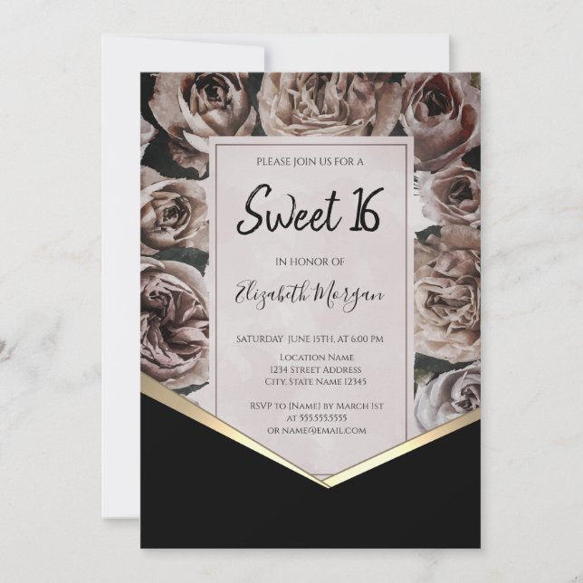 Invitación Elegantes Rosas Oscuras Dulces 16 (Anverso)