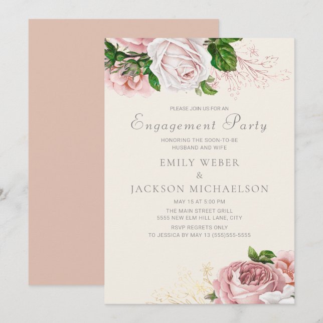 Invitación Elegantes Rosas Pink Floral Cream Engagement Party (Anverso / Reverso)