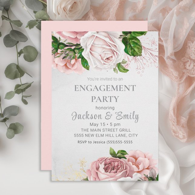 Invitación Elegantes Rosas Pink Floral Cream Engagement Party (Elegant blush pink watercolor vintage floral engagement party invitation)