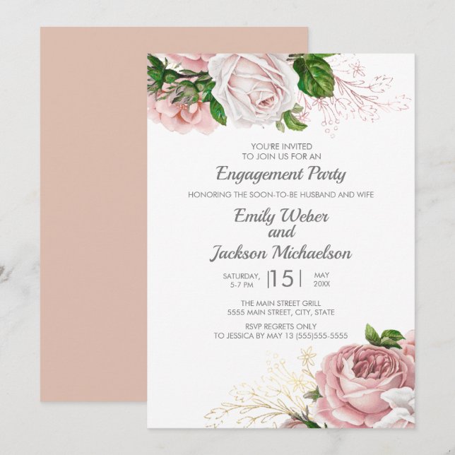 Invitación Elegantes Rosas Pink Floral White Engagement Party (Anverso / Reverso)