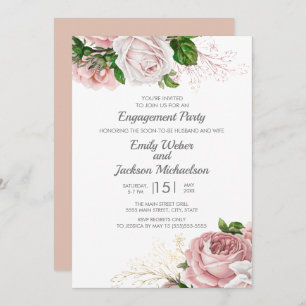 Invitación Elegantes Rosas Pink Floral White Engagement Party