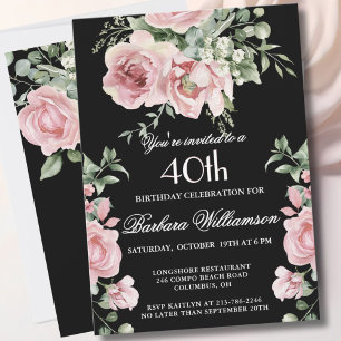 Invitación Elegantes Rosas Pintadas a Mano Cumpleaños 40