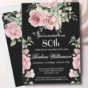 Invitación Elegantes Rosas Pintadas a Mano Cumpleaños 80 