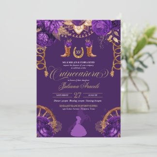Invitación Elegantes Rosas Purple & Gold Charro Quinceanera
