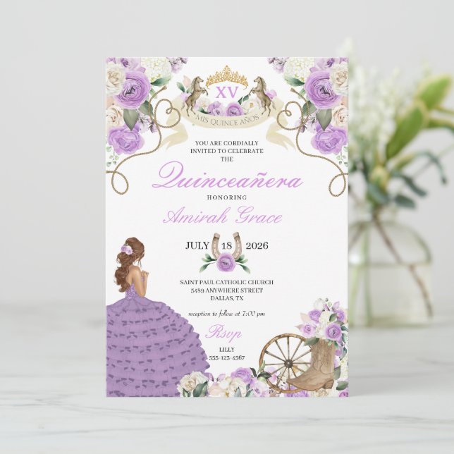 Invitación Elegantes Rosas púrpura Vaquera Occidental Quincea (Anverso de pie)